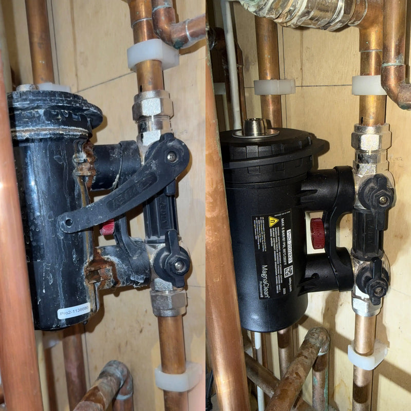 Before and after comparison of a corroded magnetic boiler filter replaced with an Adey MagnaClean in London by ODS.