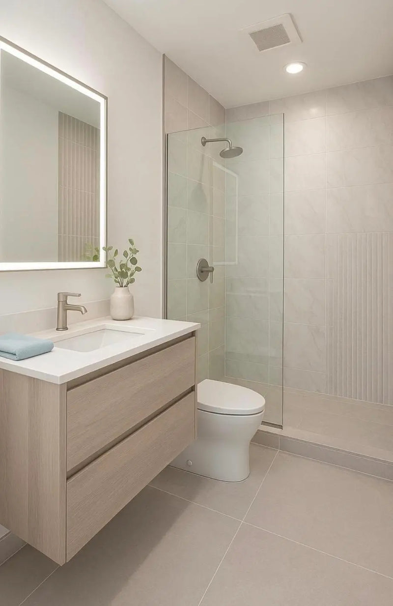 Modern bathroom featuring a floating wood vanity, walk-in glass shower, and neutral tiling installed by ODS Plumbing & Construction.
