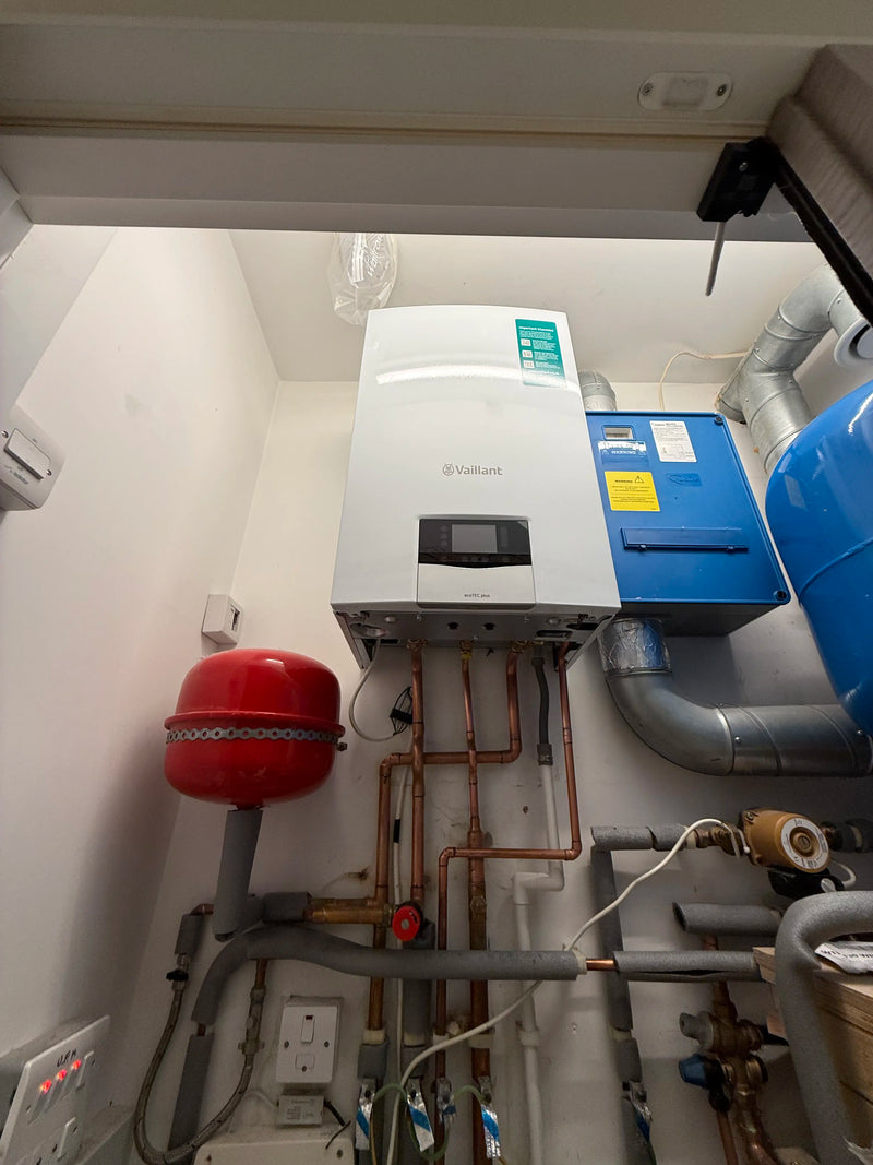 Technical plant room installation featuring a Vaillant ecoTEC plus boiler, external expansion vessels, and multi-zone heating controls in London by ODS.
